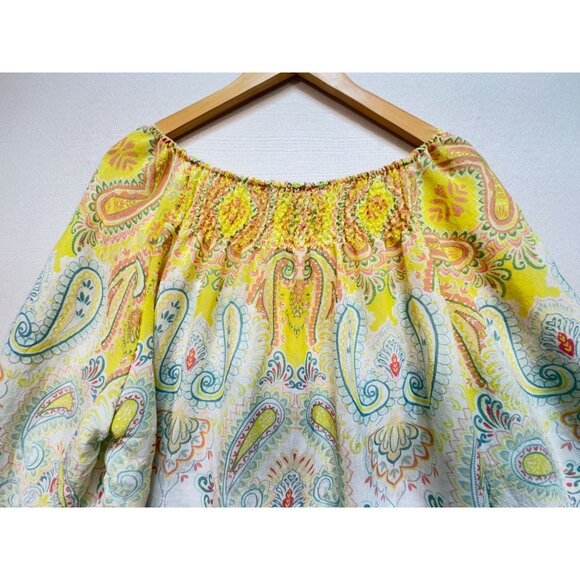 Zac & Rachel Off Shoulder Blouse Top Womens 2X Yellow Paisley Floral Smocked - Picture 11 of 13